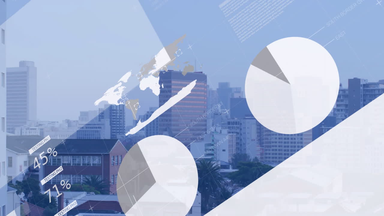 Office tower being visualized over urban skyline, featuring translucent charts and shape overlays