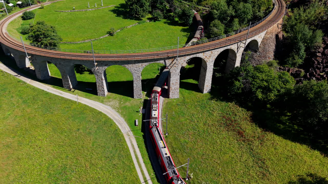 Iconic red train crosses Swiss bridge in scenic nature setting