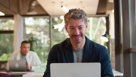 smiling mature businessman working on laptop at desk in office