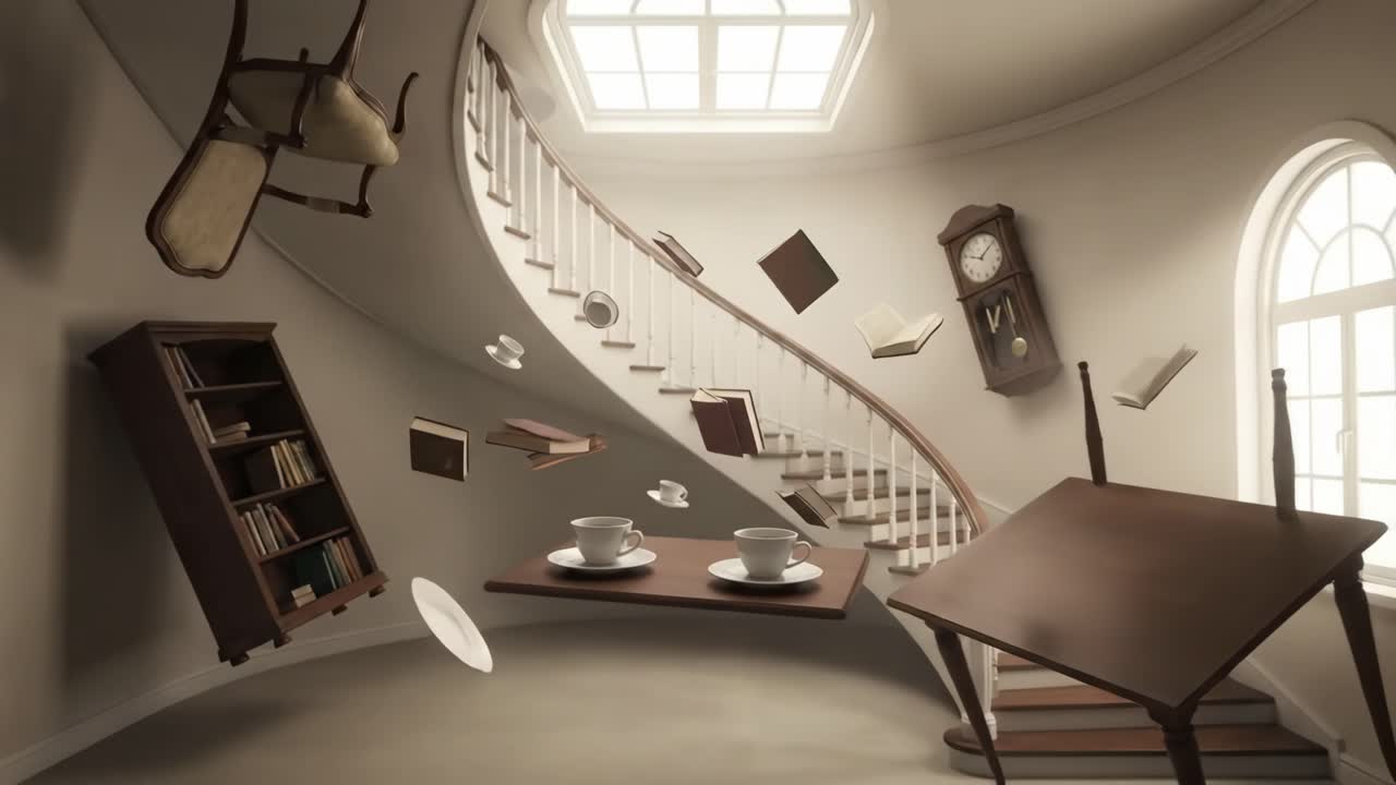 Stanza surreale con oggetti fluttuanti e scala a chiocciola