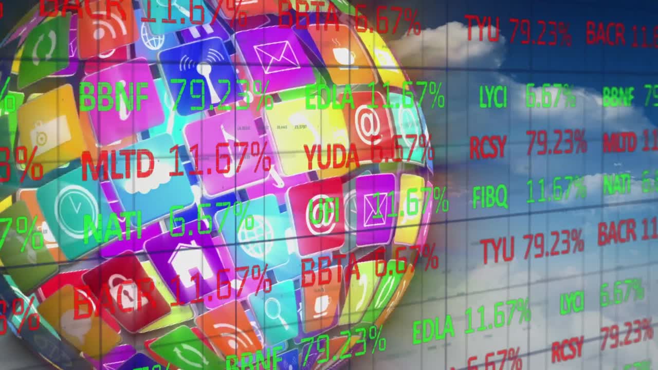 animación de datos financieros en todo el mundo con iconos tecnológicos en el cielo nublado en el fondo