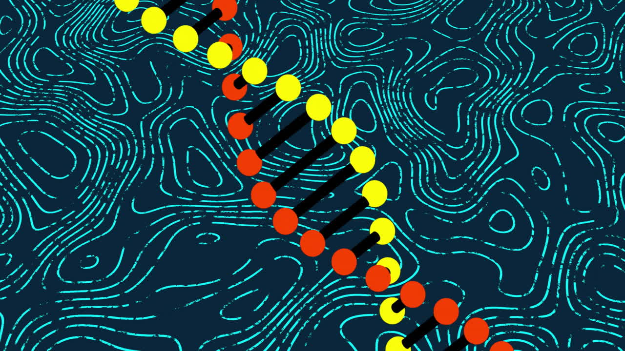 Animation of DNA strand with colorful circles against abstract blue line background
