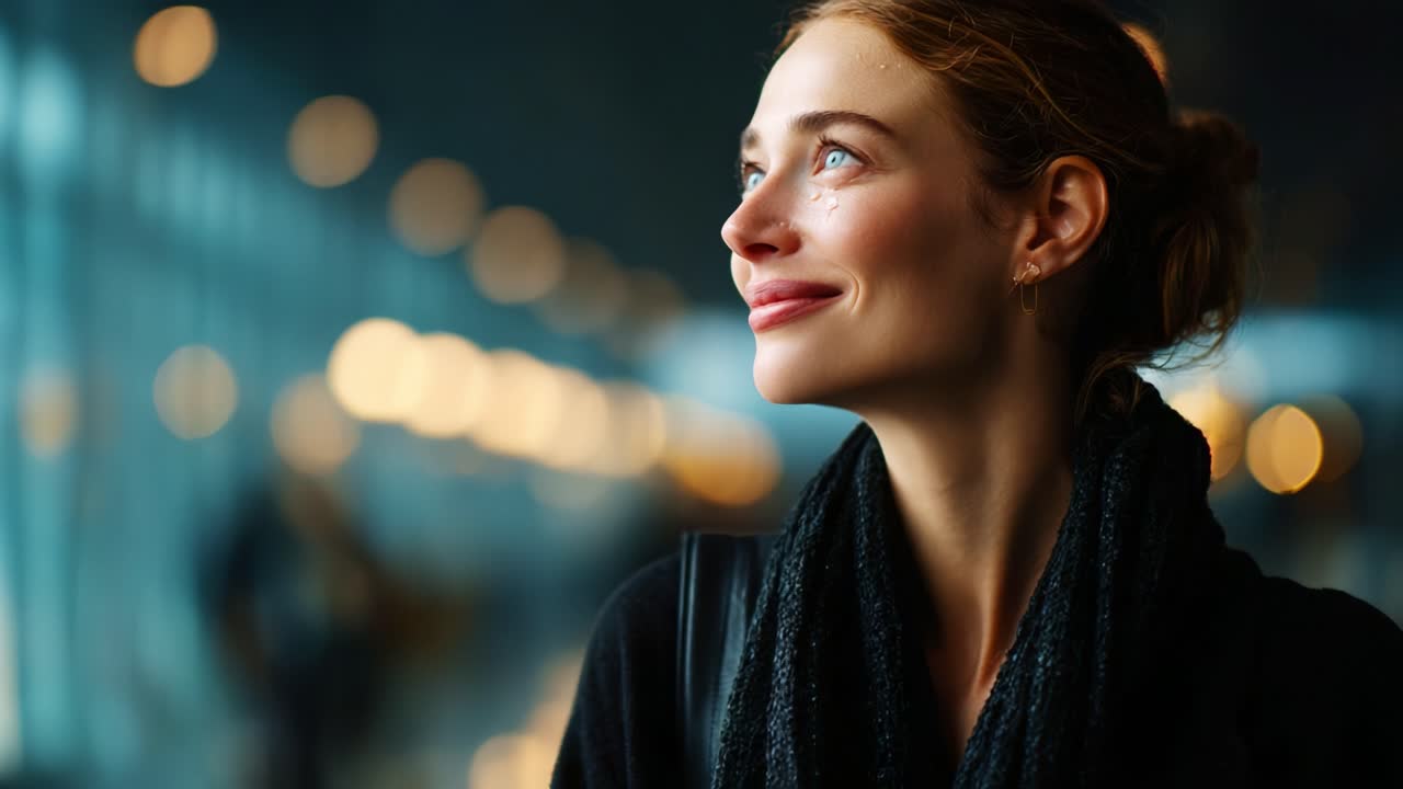 A woman gazes thoughtfully into the distance, illuminated by soft ambient light in a bustling setting, showcasing a moment of reflection and serene beauty amidst the crowd