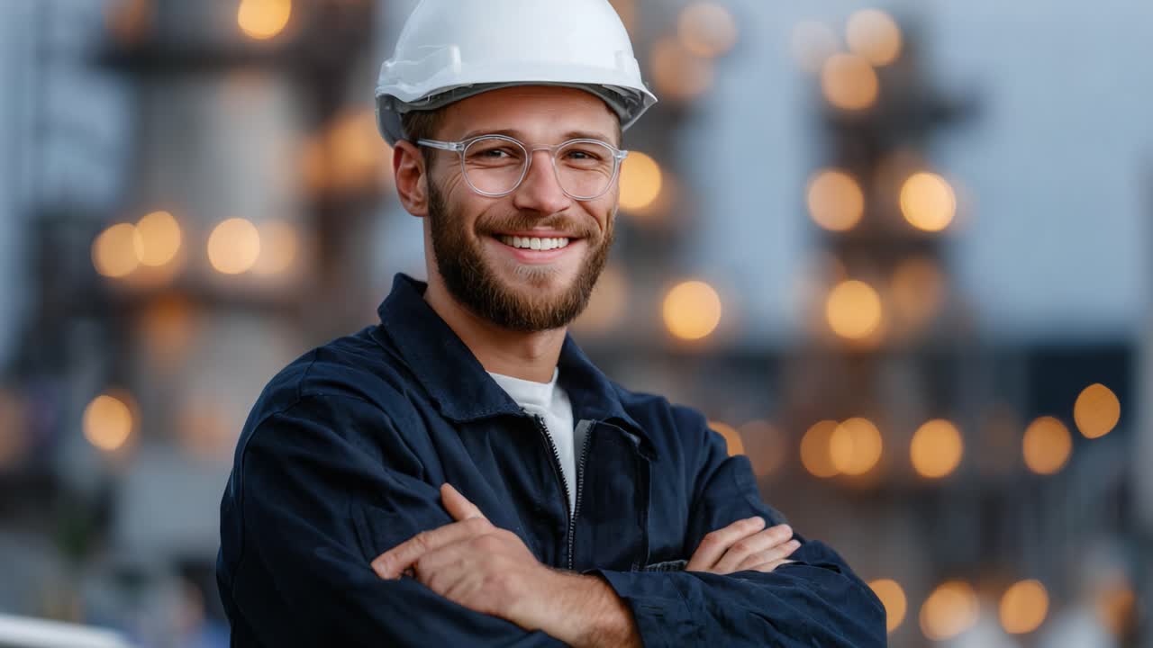 A confident construction worker smiles widely while standing in front of a softly blurred construction site, exuding professionalism and readiness for any task ahead