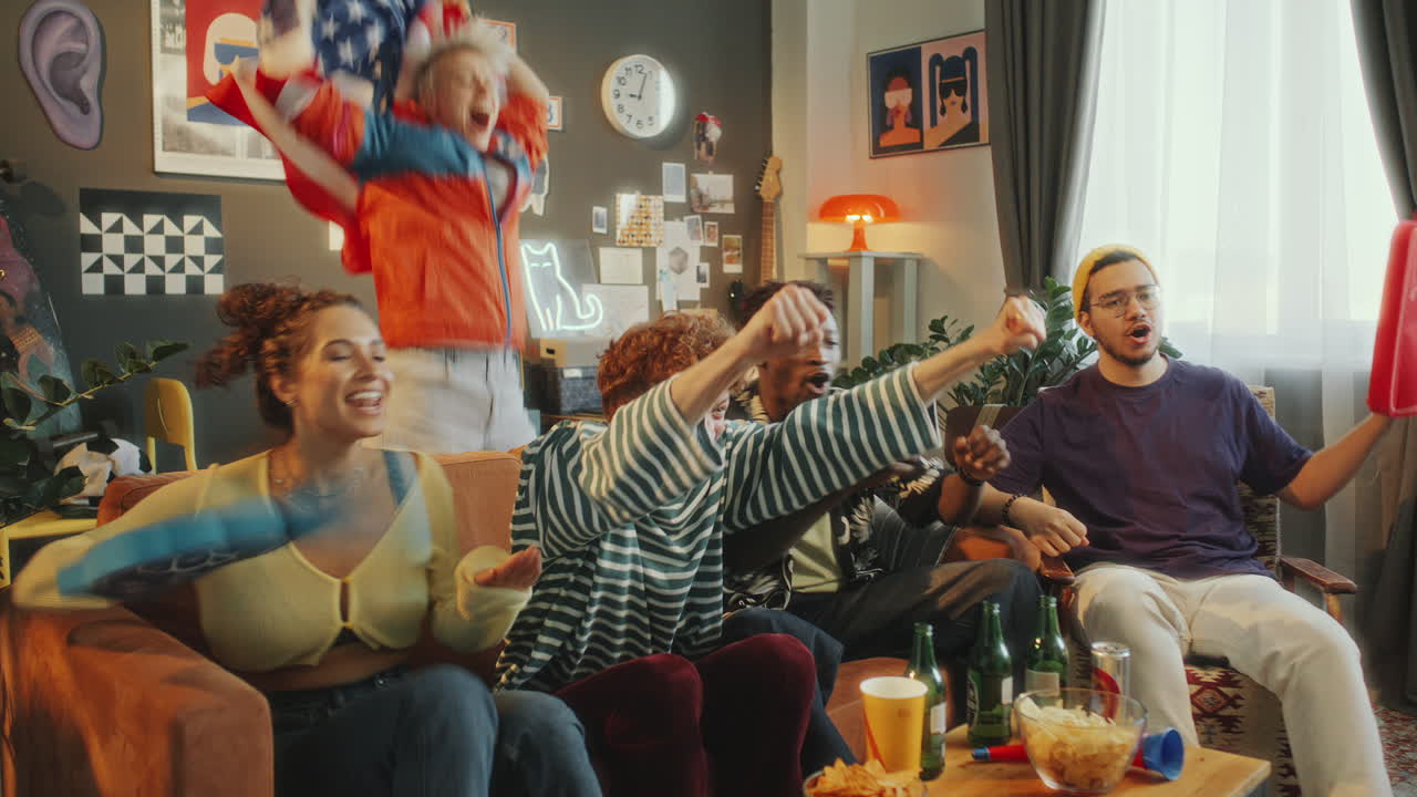 Ecstatic Friends Celebrating with USA Flag as Watching Soccer on TV