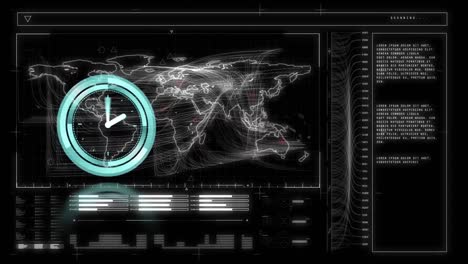 Animación-Del-Reloj-Que-Se-Mueve-Rápidamente-Y-Procesamiento-De-Datos-Con-Mapa-Mundial-En-Pantalla