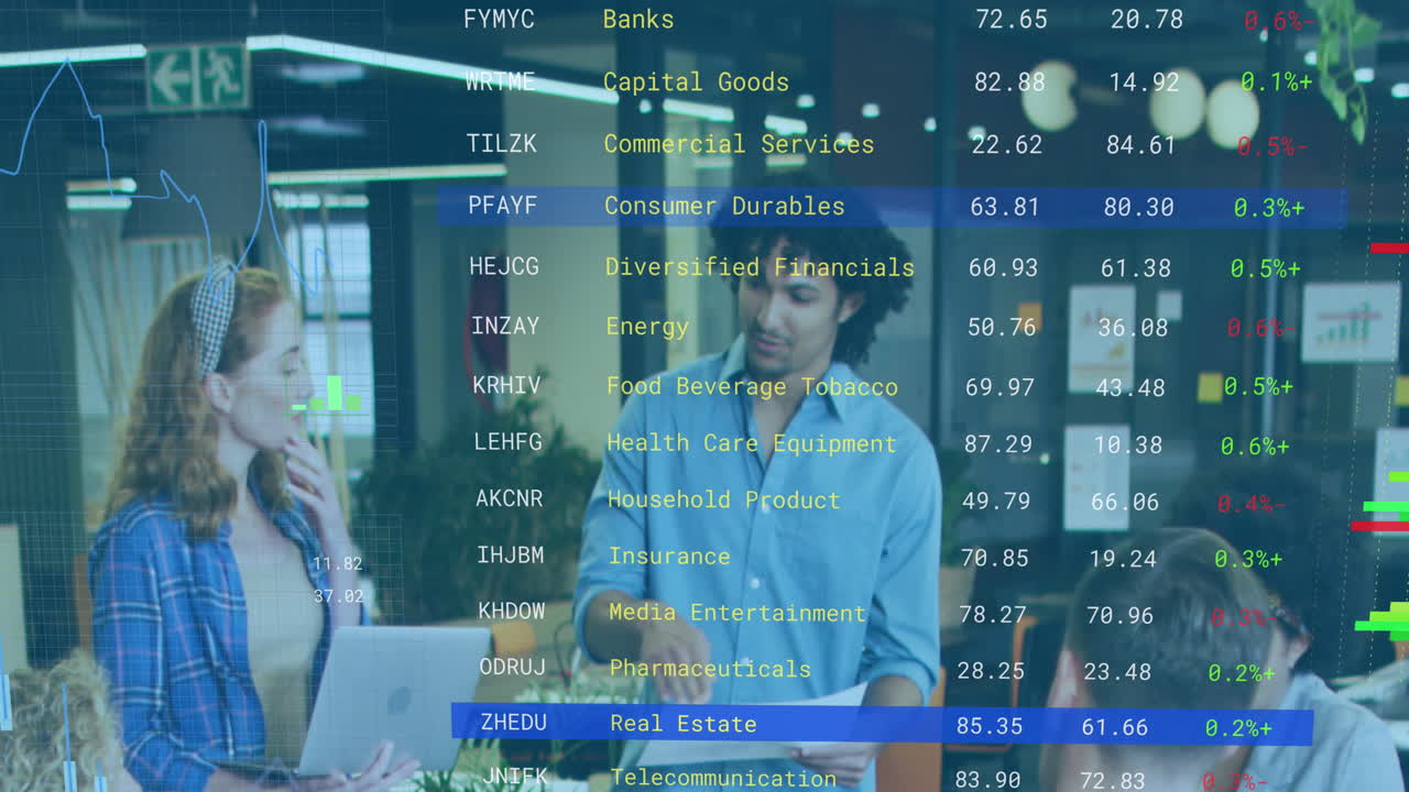 animación del informe financiero sobre diversos empresarios compartiendo ideas con sus colegas en la reunión