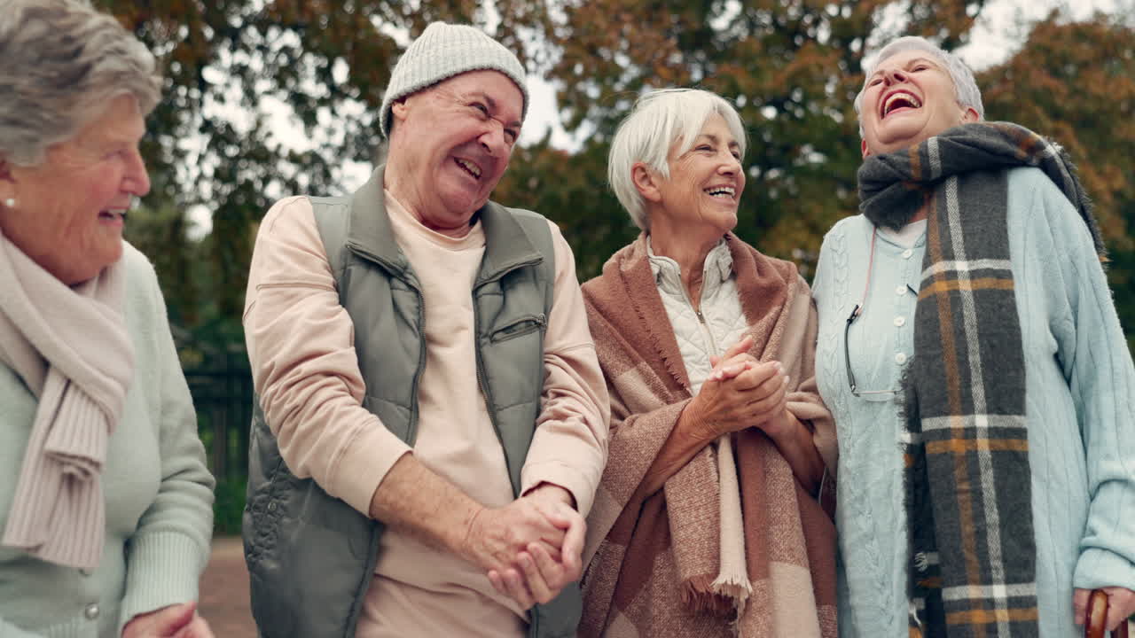 Friends, laughing and senior people in park