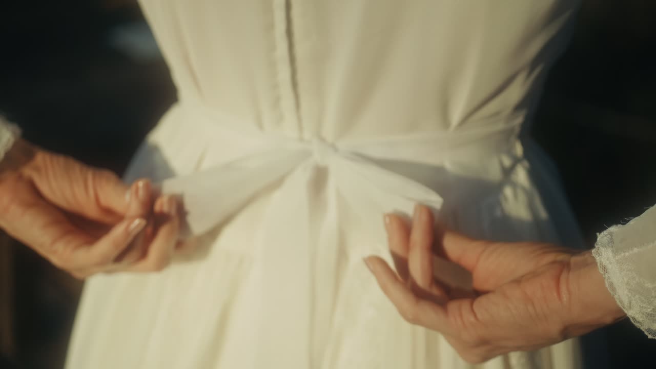 흰색 리본 매듭을 드레스에 묶는 우아한 여성