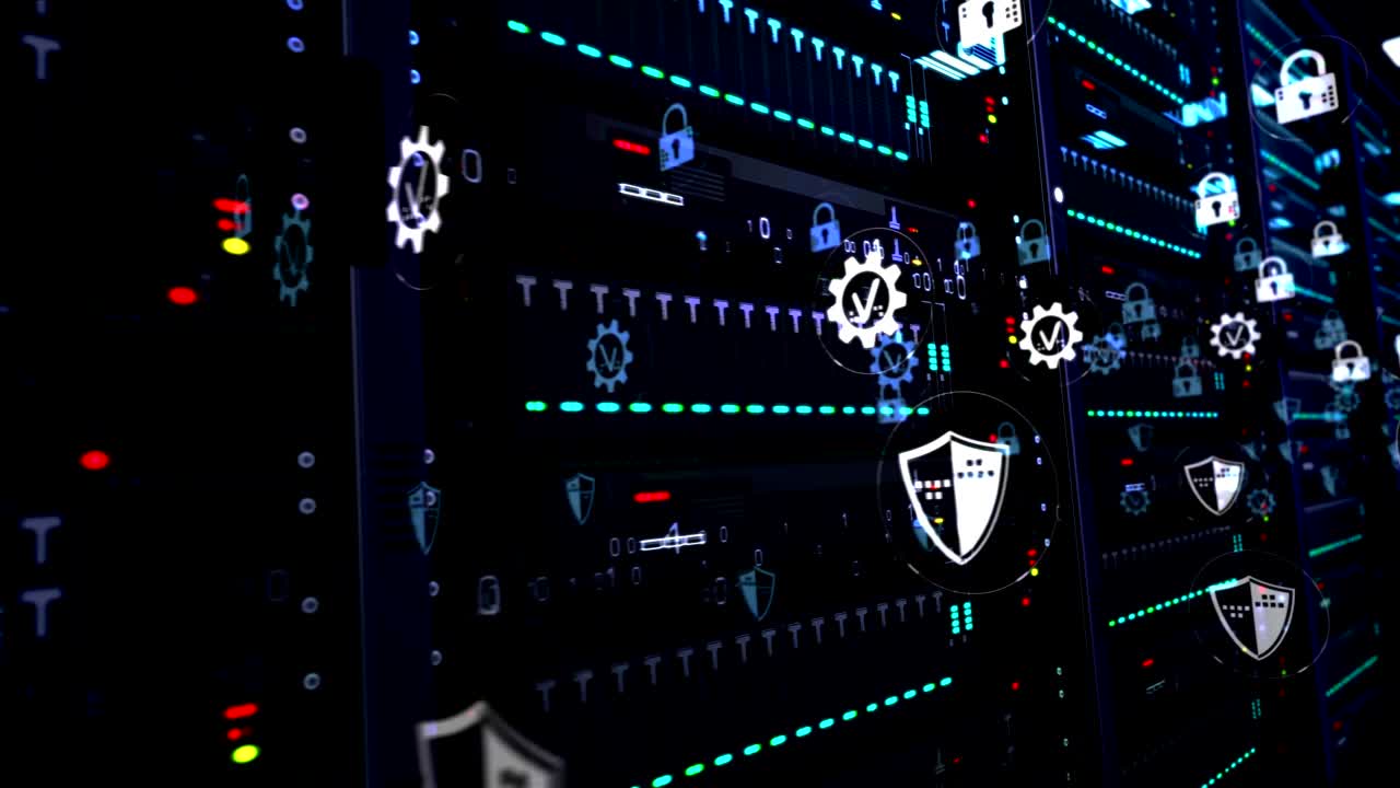 sala de servidores con animación de bucle de símbolos de seguridad cibernética