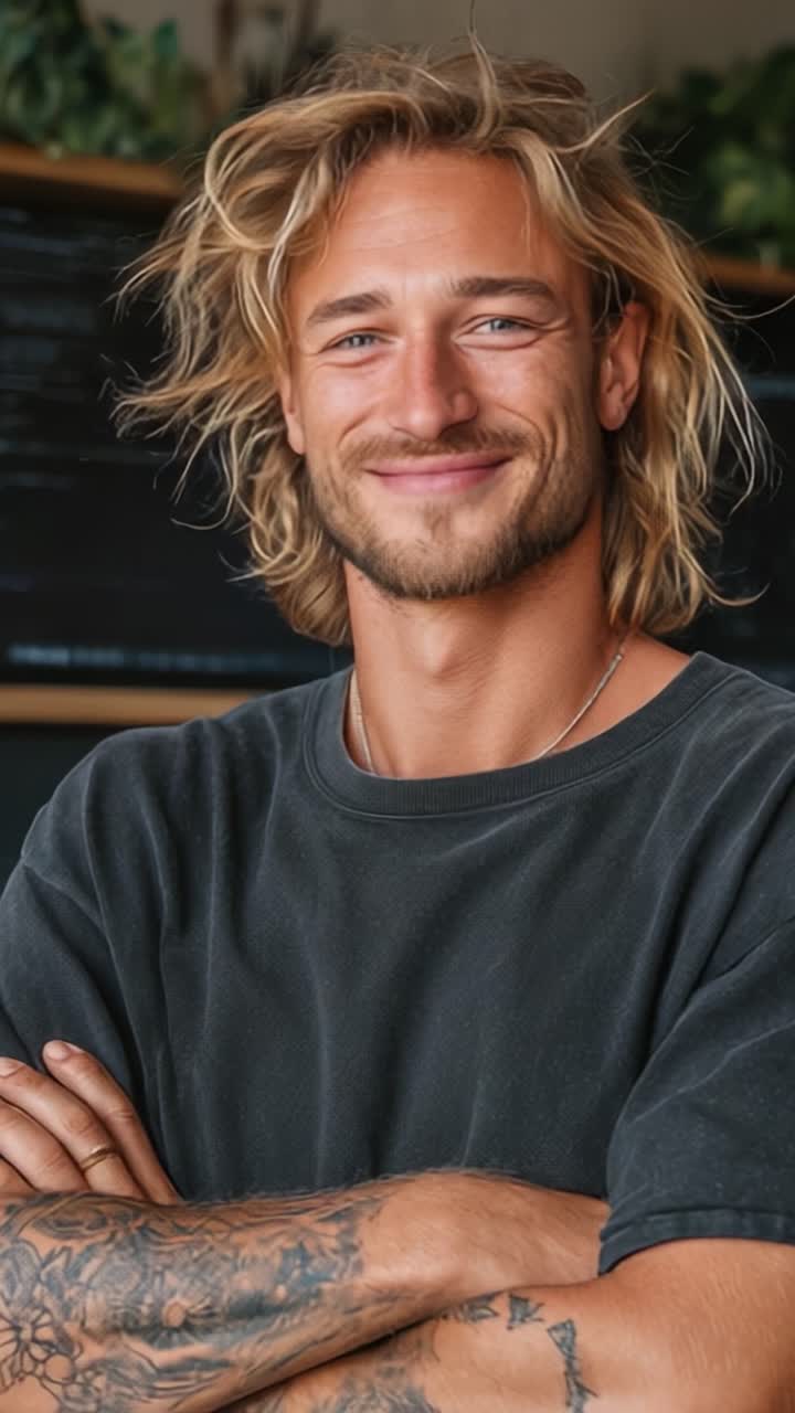 En smilende person utstråler selvtillit og sjarm med fluffy hår og tatoverte armer, og viser personlig stil og positive vibber i et avslappet miljø
