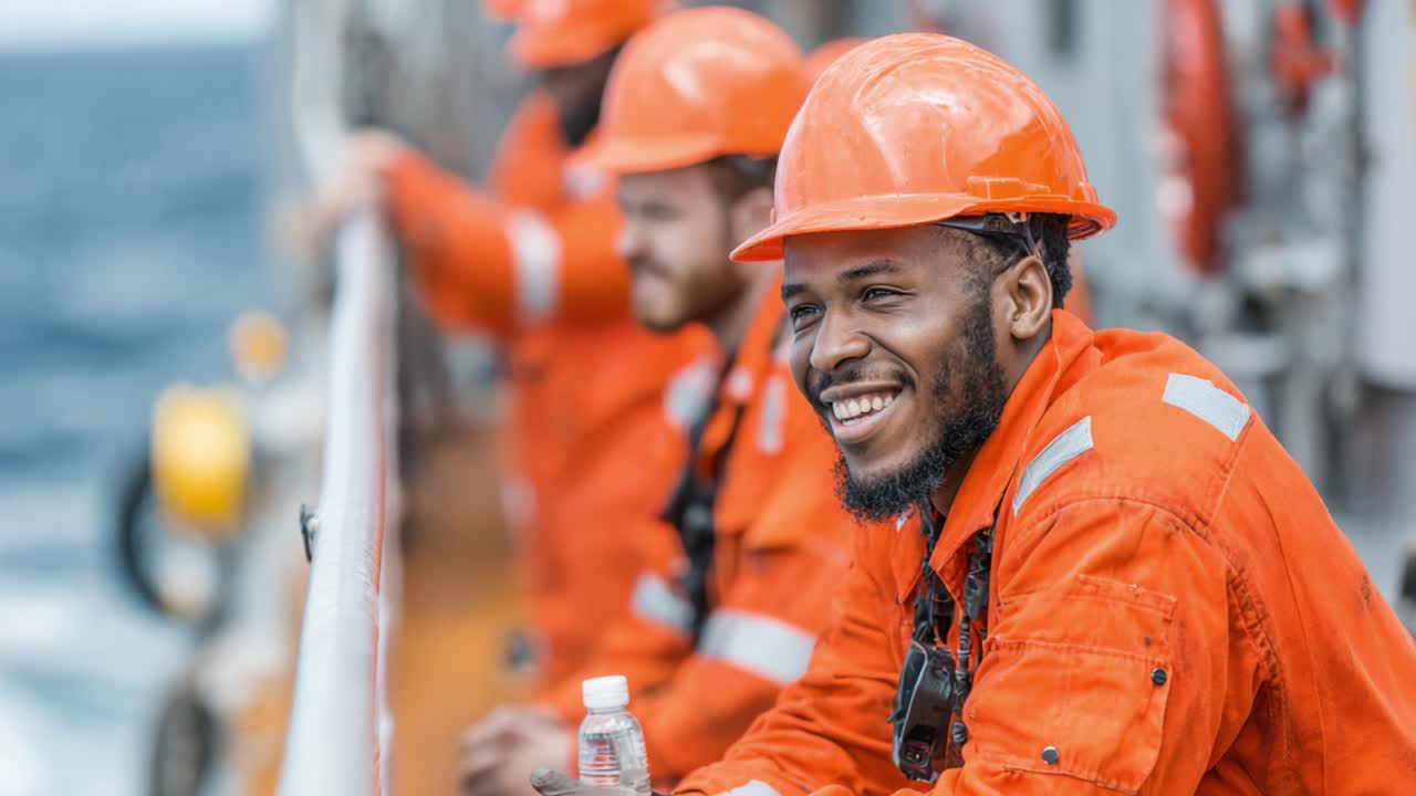 Crew Members at Sea: A Warm Moment of Camaraderie Among Offshore Workers in Orange Safety Gear, Enjoying a Break on the Vessel
