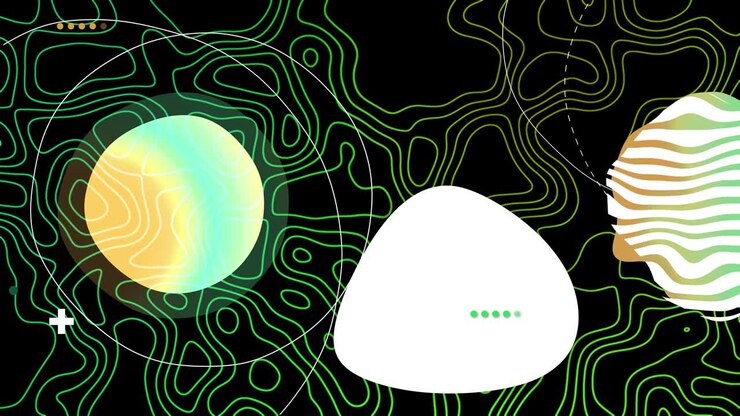 Trendy motion graphics background with liquid shapes, lines and typographic texture. Colorful green and yellow gradients on the black background. UHD 4K