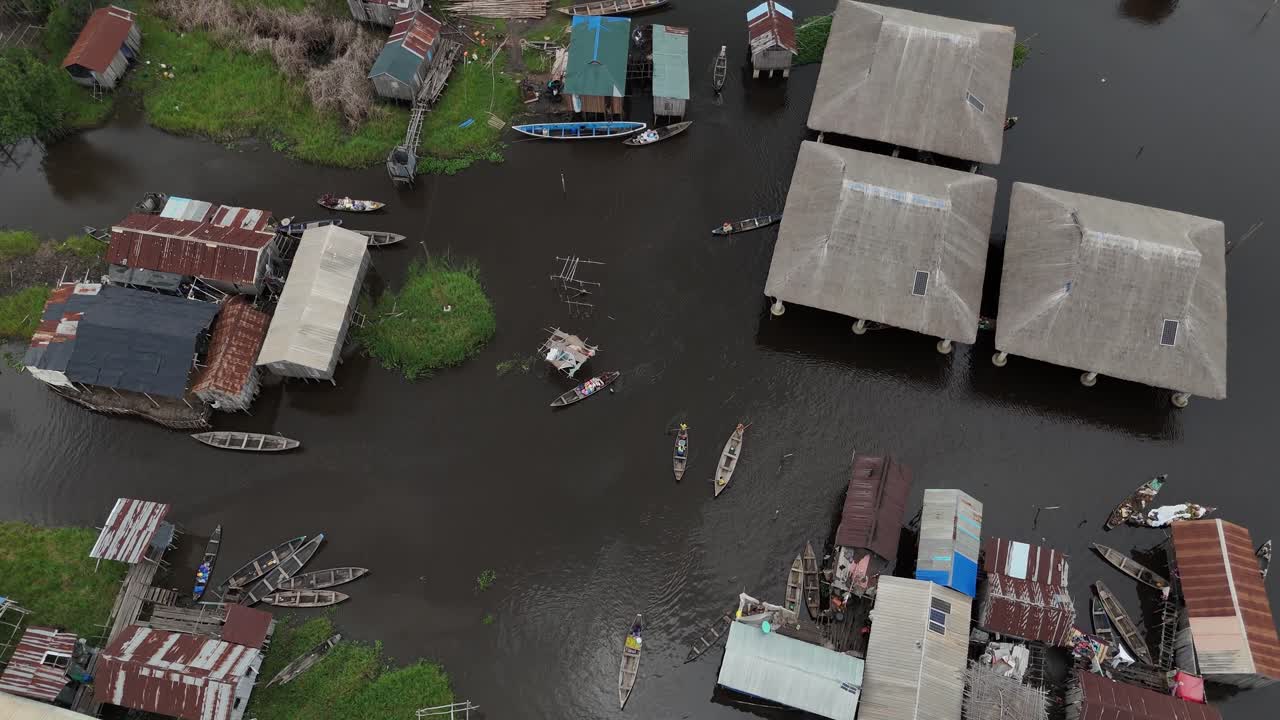 ทัศนียภาพมุมกว้างจากโดรนแบบภาพยนตร์ เผยให้เห็นการจัดวางที่หนาแน่นของบ้านเรือนเสาสูง และเรือลำเล็กที่สัญจรไปมาในหมู่บ้านกลางน้ำกังวี ในเบนิน แอฟริกาตะวันตก ซึ่งเป็นจุดหมายปลายทางการท่องเที่ยว