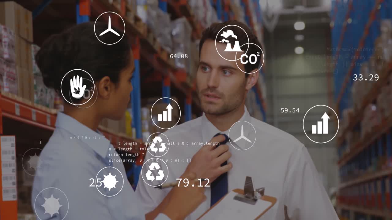 animación de iconos ecológicos y procesamiento de datos sobre diversos hombres y mujeres que trabajan en el almacén.