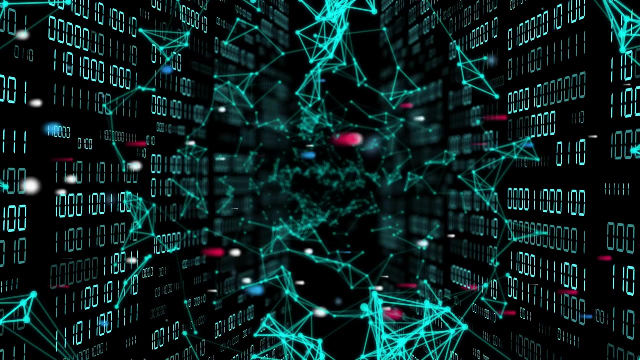 Turquoise wireframe network shifting and reforming as camera moving forward, visualizing data flow