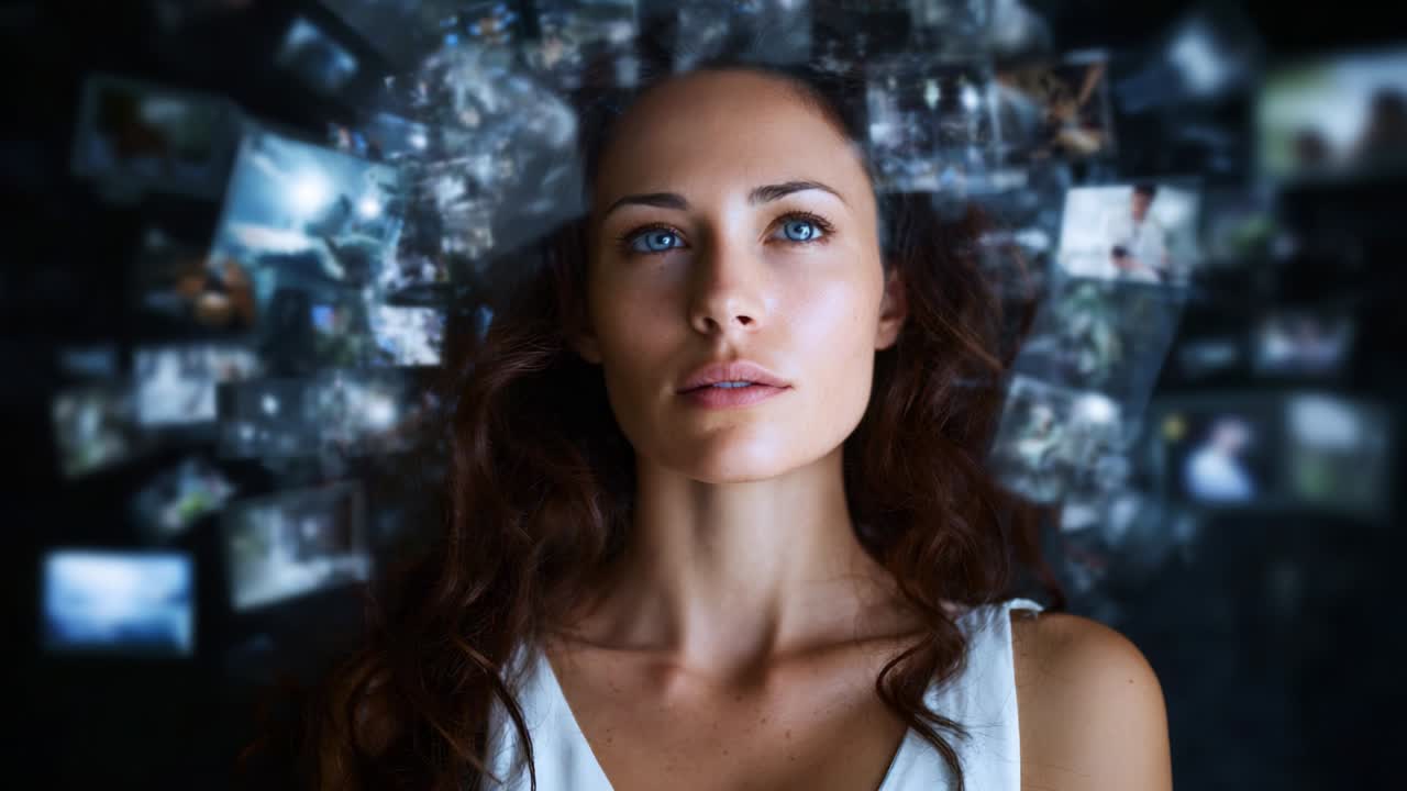 A contemplative woman surrounded by a whirlwind of images representing memories, dreams, and thoughts, capturing the essence of introspection and the power of reflection in her gaze