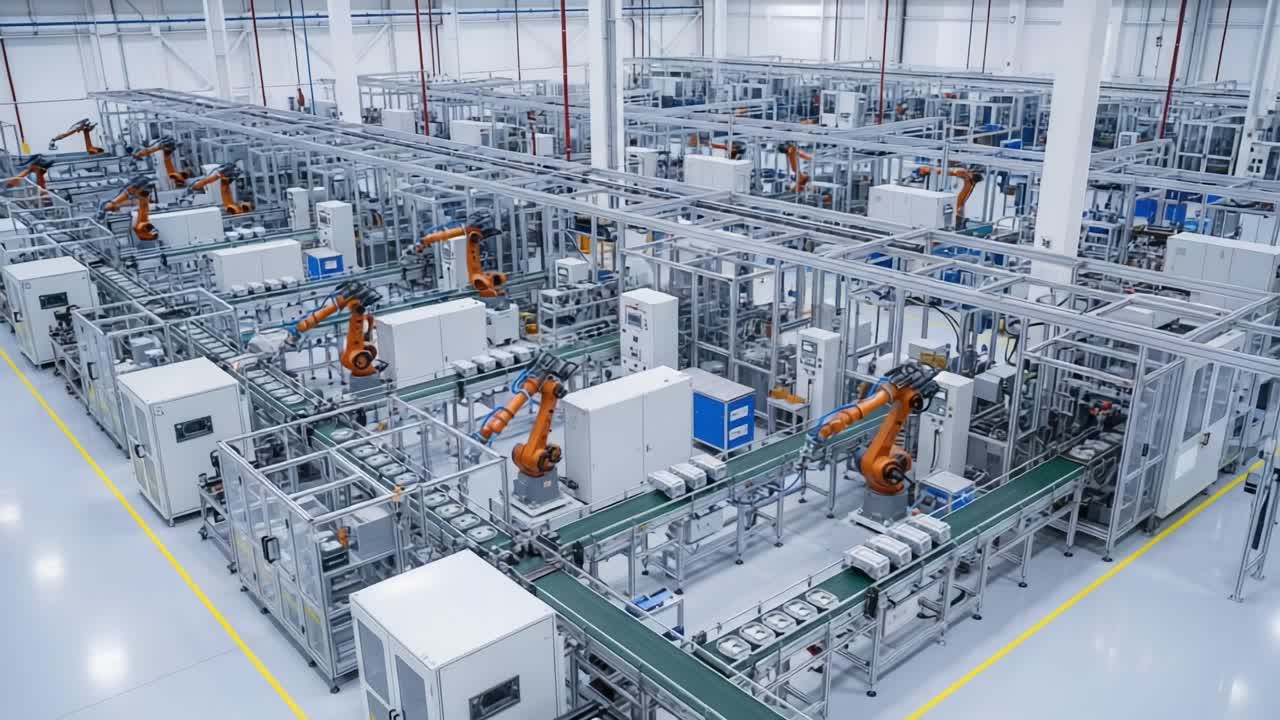 An Aerial View of an Advanced Automated Manufacturing Facility with Robotic Arms and Conveyor Systems Streamlining Production Processes