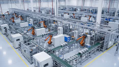 an aerial view of an advanced automated manufacturing facility with robotic arms and conveyor systems streamlining production processes