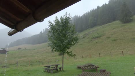 Heavy-rain-in-mountains-seen-from-shelter-under-roofing,-water-drip-form-gutter