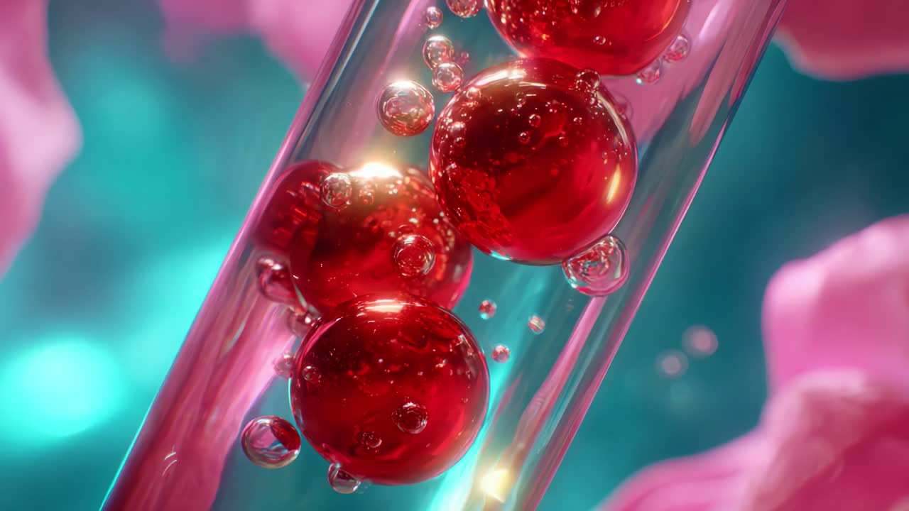 A Vivid Close-Up of Glowing Red Spheres Encased in a Transparent Tube with Floating Bubbles, Set Against a Softly Blurred Pink and Turquoise Background, Evoking Modern Scientific Imagery