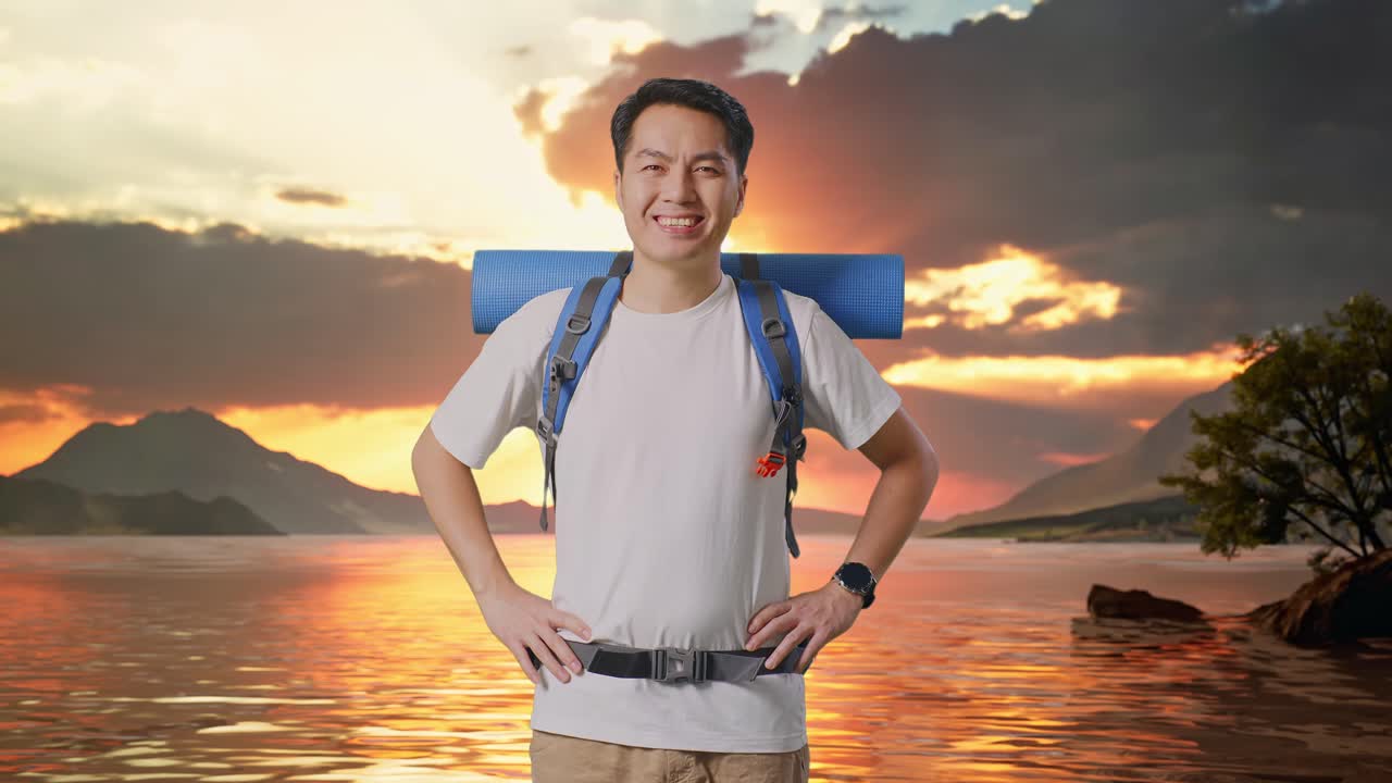 Asian Male Hiker With Mountaineering Backpack Smiling And Posing Arms Akimbo At A Lake