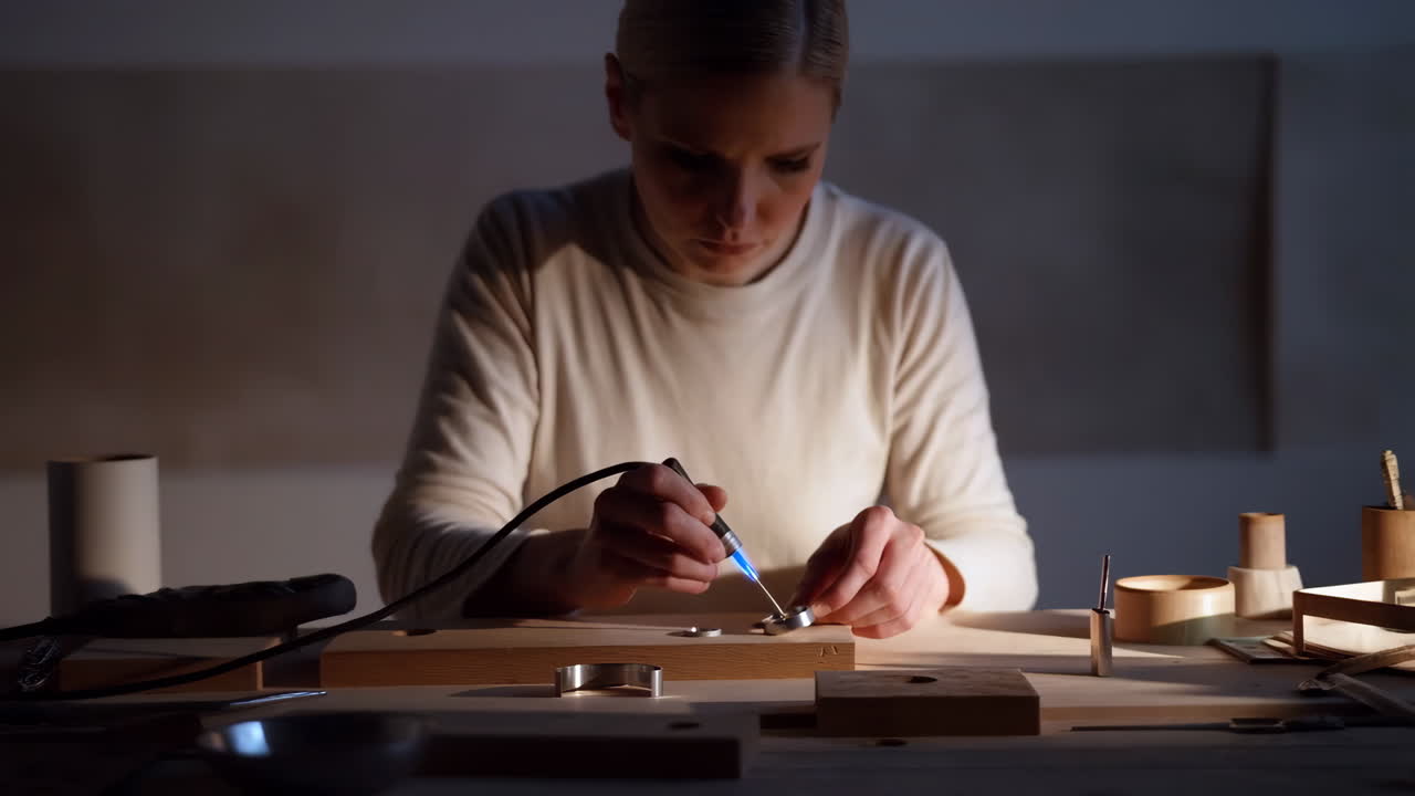 Artisan at Work: Woman Crafting Jewelry with Precision Tool