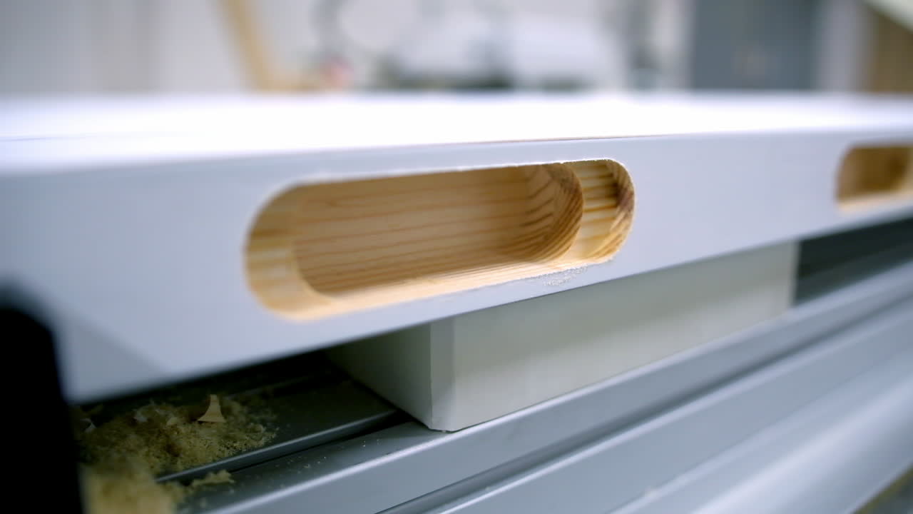 Wooden door in workshop. Manufacturing doors inside. Making furniture. Hole in wooden board. Production of doors. Close-up.