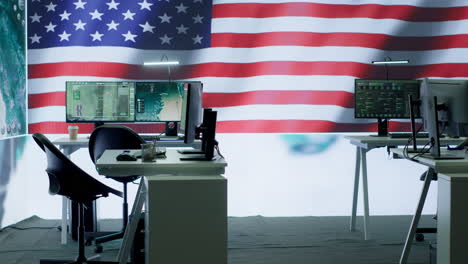 empty military control center with a big screen shows the american flag