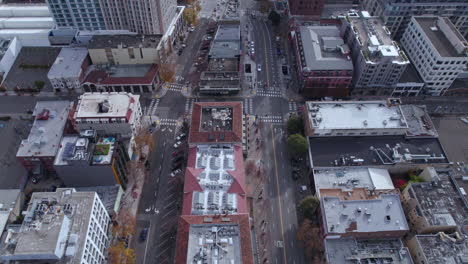 Aerial-View-of-Downtown-Berkeley,-California-USA,-Streets-and-Buildings,-Revealing-Drone-Shot