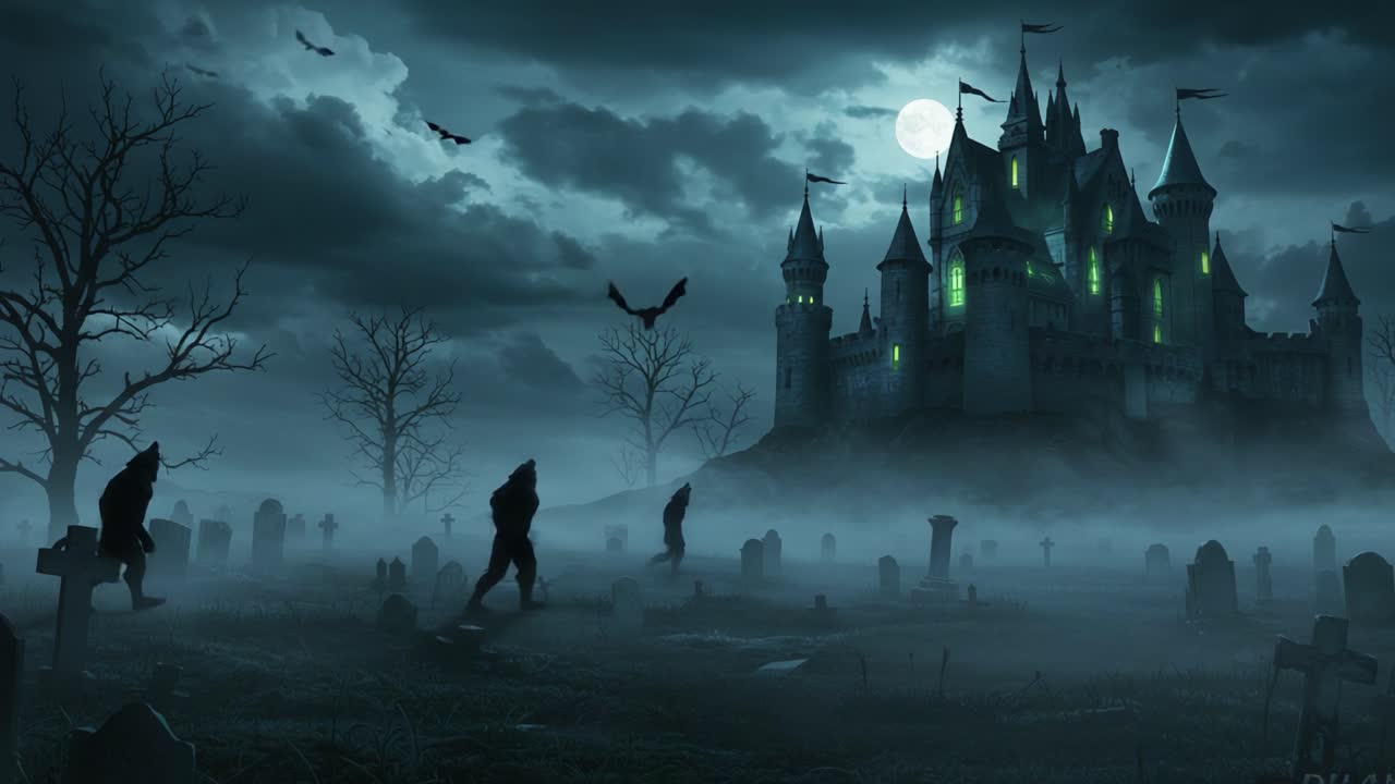 Una notte inquietante nel cimitero incantato: ombre inquietanti di creature vagano sotto la luce della luna che circonda un oscuro castello gotico.