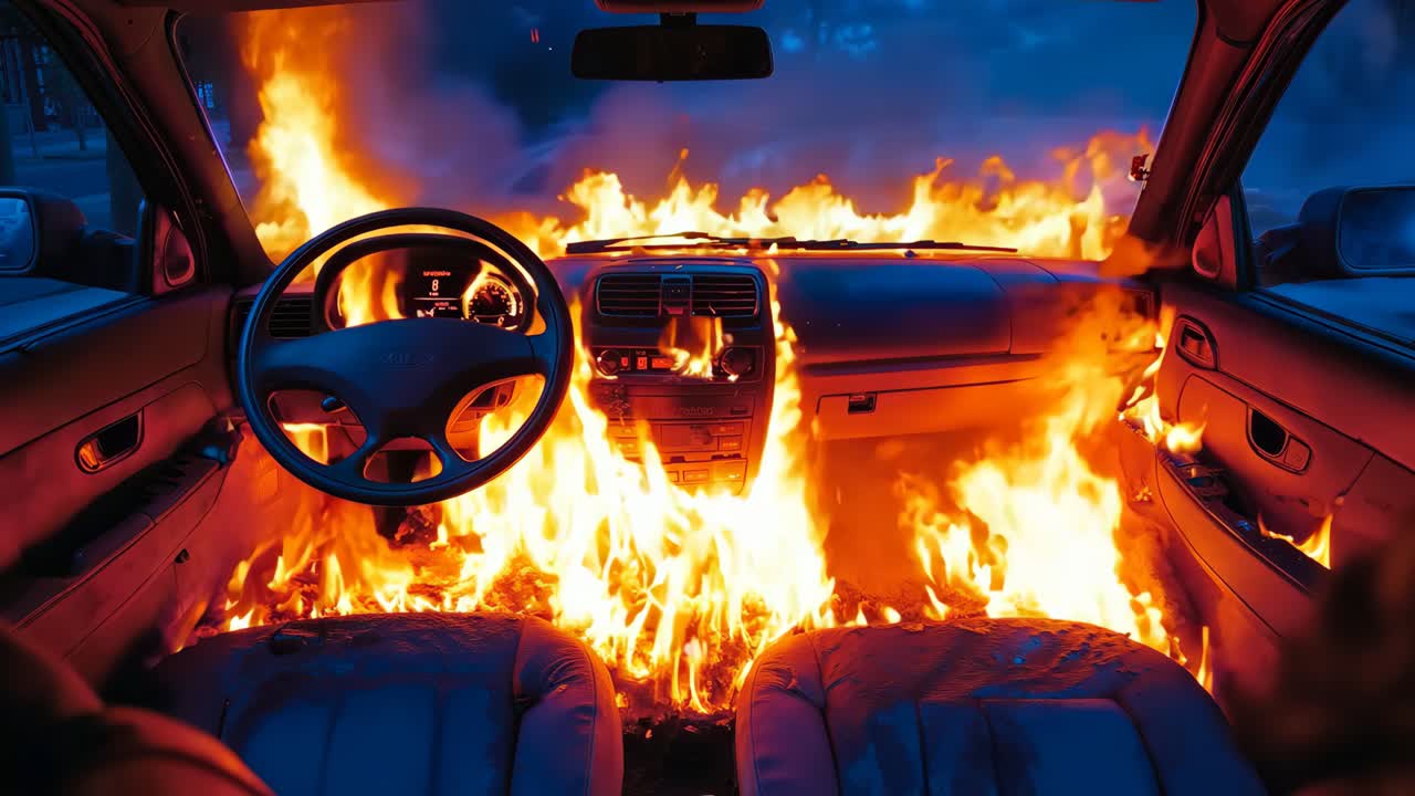 un coche está envuelto en llamas en medio de la noche