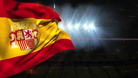 animation of financial data processing over flag of spain and spotlights in sports stadium