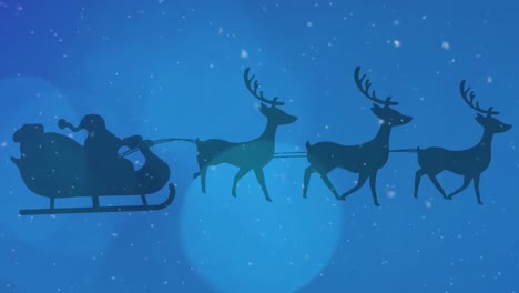 Light-spots-and-snow-falling-over-santa-claus-in-sleigh-being-pulled-by-reindeers-on-blue-background