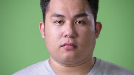 초록색 배경에 젊은 잘생긴 과체중 아시아인
