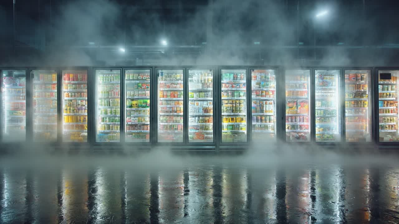 A Captivating Display of Refrigerated Beverages in a Mystical Fog, Showcasing a Variety of Colorful Cans and Bottles Behind Glass Doors in a Dramatic Atmosphere