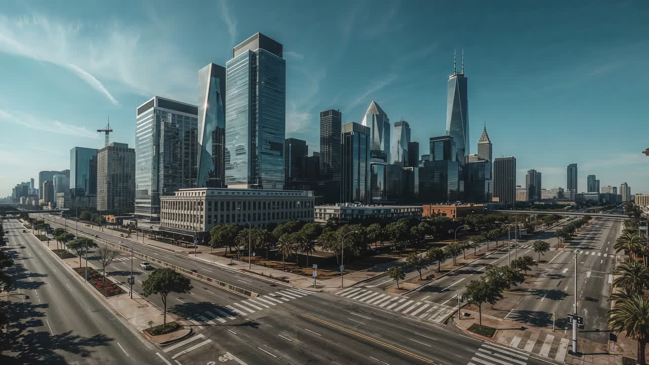 Modern City Skyline with Empty Urban Intersection