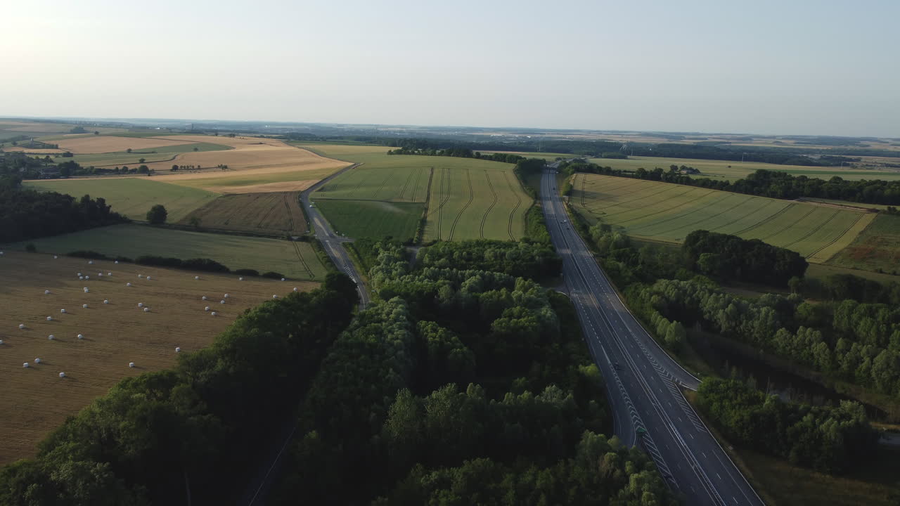 Aerial View of Highway Through Farmland