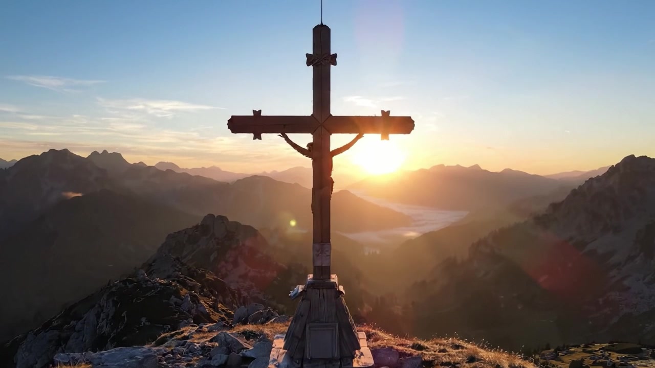 Un'alba panoramica sulle montagne con una silhouette di croce contro un cielo vibrante: un momento sereno catturato nello splendore della natura.