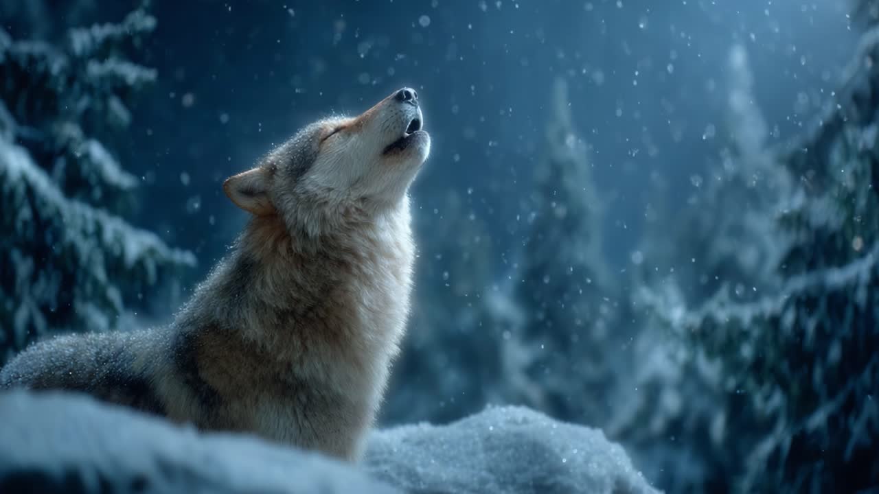 A Majestic Wolf Howls Under a Moonlit Sky, Surrounded by Snow-Covered Pines in a Tranquil Winter Wonderland, Capturing the Essence of Nature's Beauty and Wild Spirit