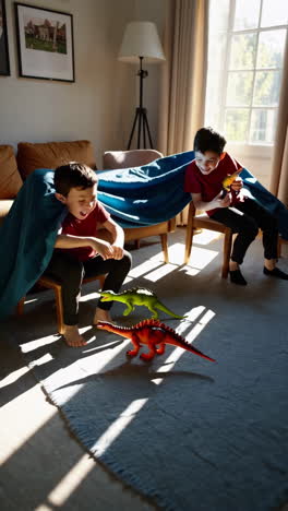 two boys playing with dinosaur toys and a blanket fort
