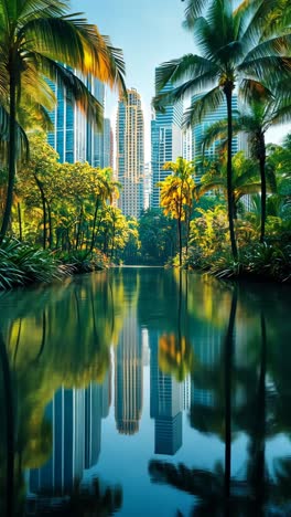 urban jungle reflects on calm water with skyscrapers in the background