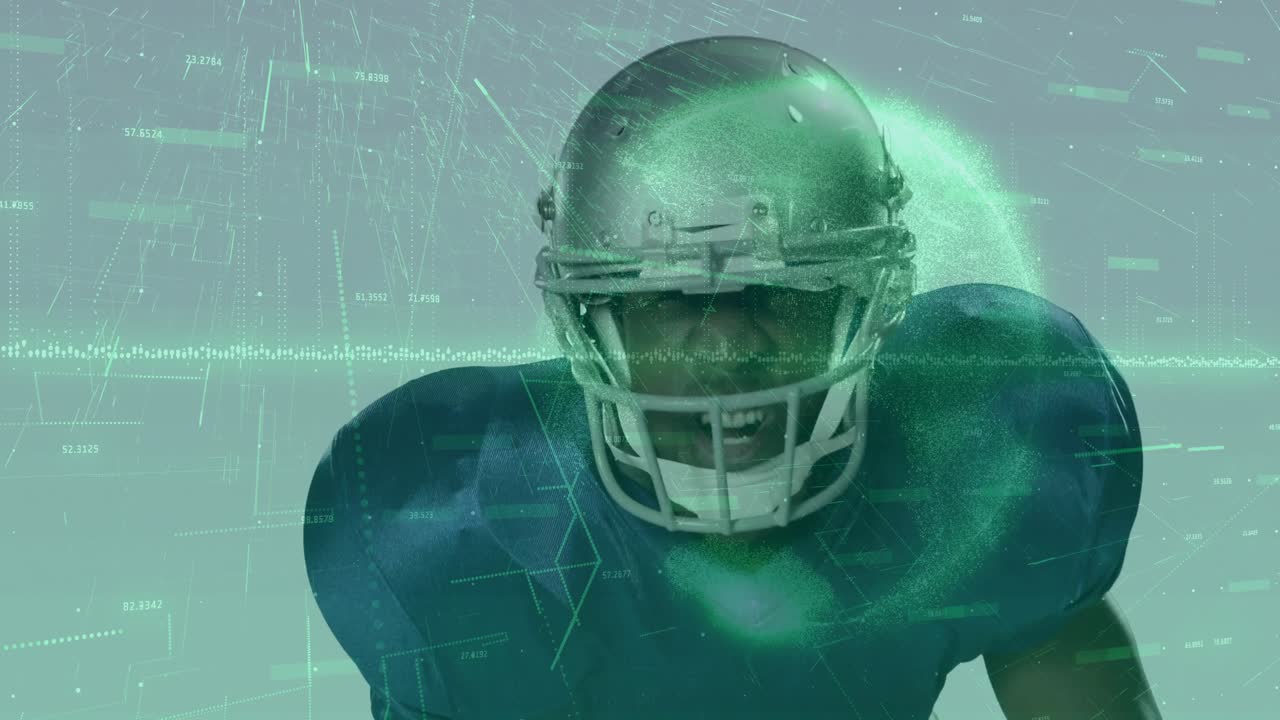 Giocatore di football americano maschio con casco, rivolto in avanti, che mostra sovrapposizioni di dati verdi nella tecnologia sportiva.