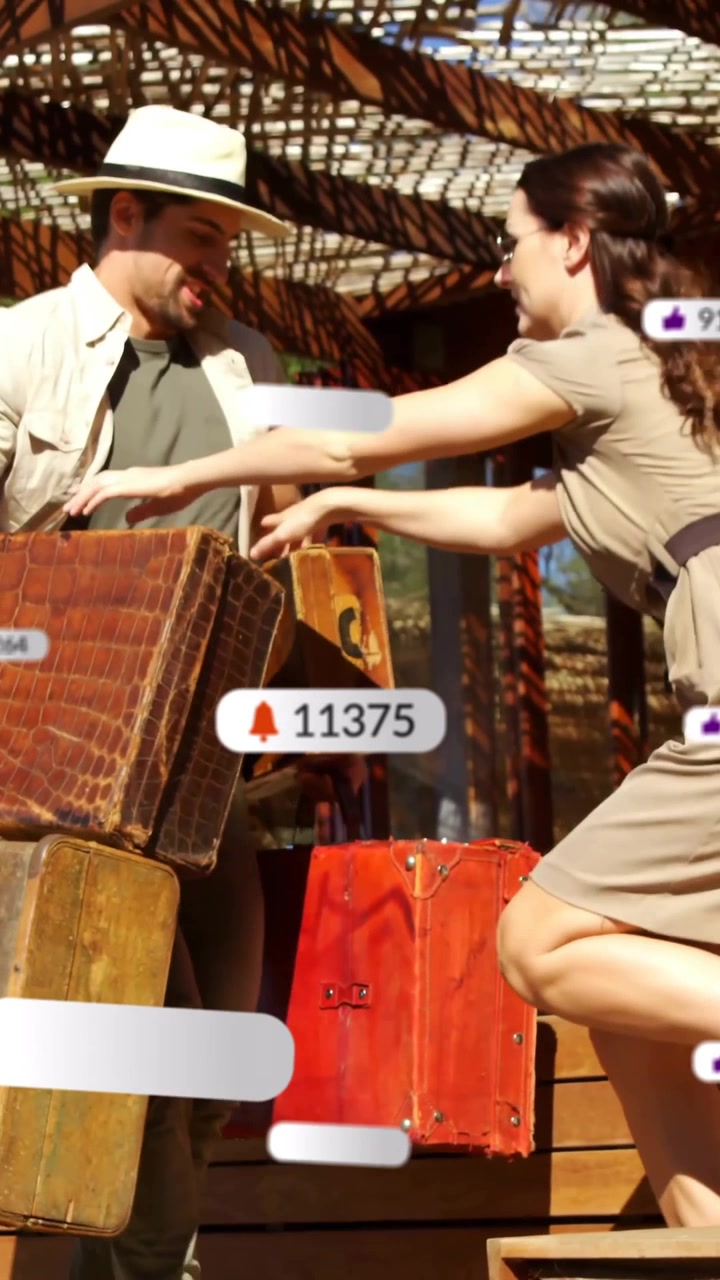 Animazione di notifiche sui social media su una coppia che trasporta bagagli in vacanza