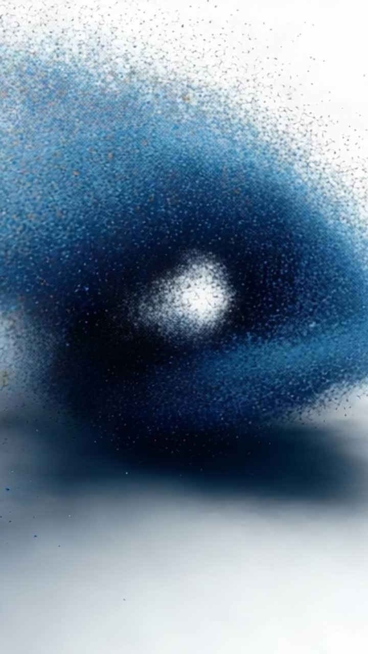 A mesmerizing swirl of blue particles creates a dynamic visual effect, illustrating movement and fluidity against a minimalist white background