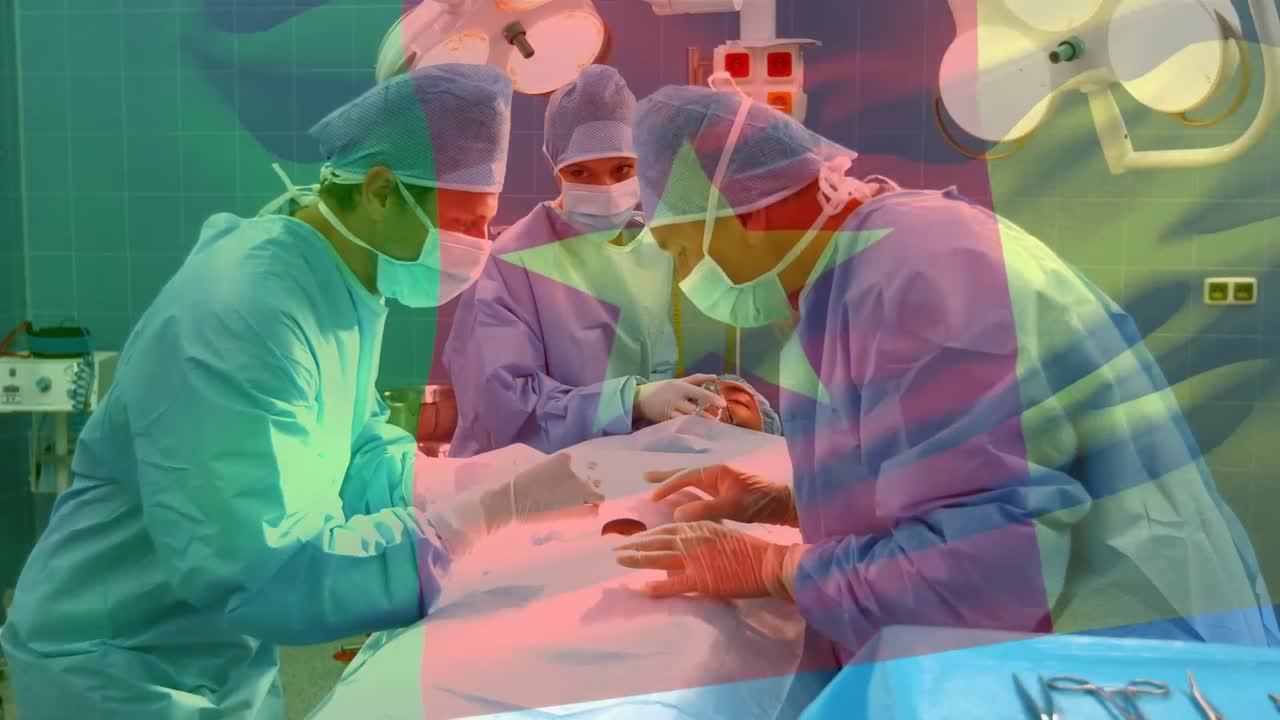 animación de la bandera de camerún sobre varios médicos durante la cirugía