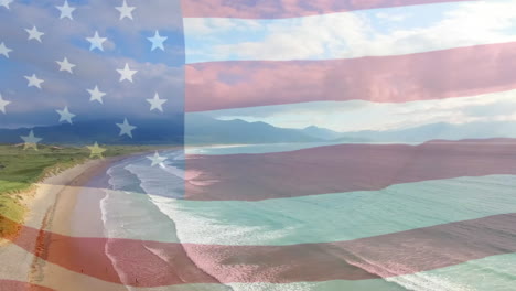 animation of flag of usa blowing over beach landscape