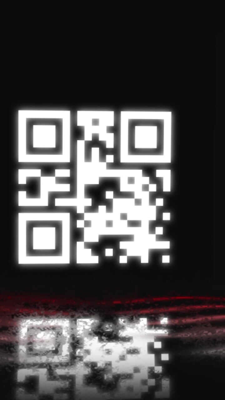 Vertical video: Black screen fading QR code appearing and brightening mirror glitching guiding scan