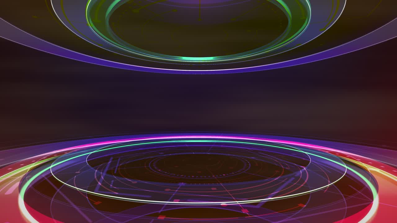Newsroom studio with neon circular shapes