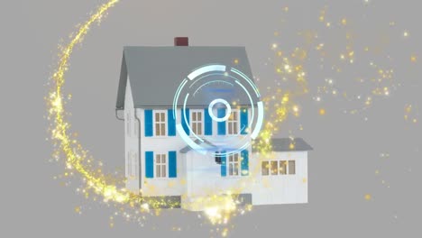 animación de escaneo de alcance y puntos de luz sobre la casa en fondo gris.